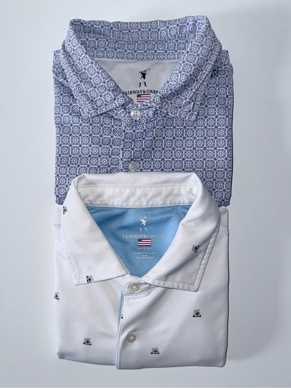 Lot of 2 Fairway & Greene Golf Polos Men's L Made in USA Performance Stretch